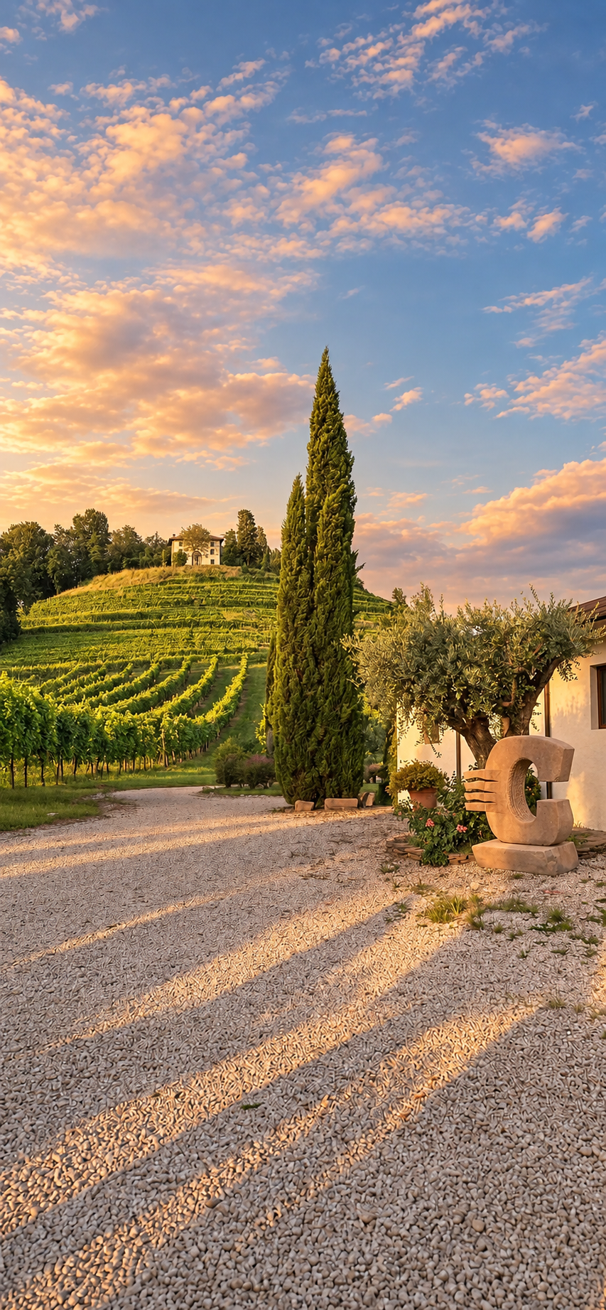Composizione dell’ingresso della tenuta: vigneti a sinistra, cipresso al centro e scultura a forma di C a destra