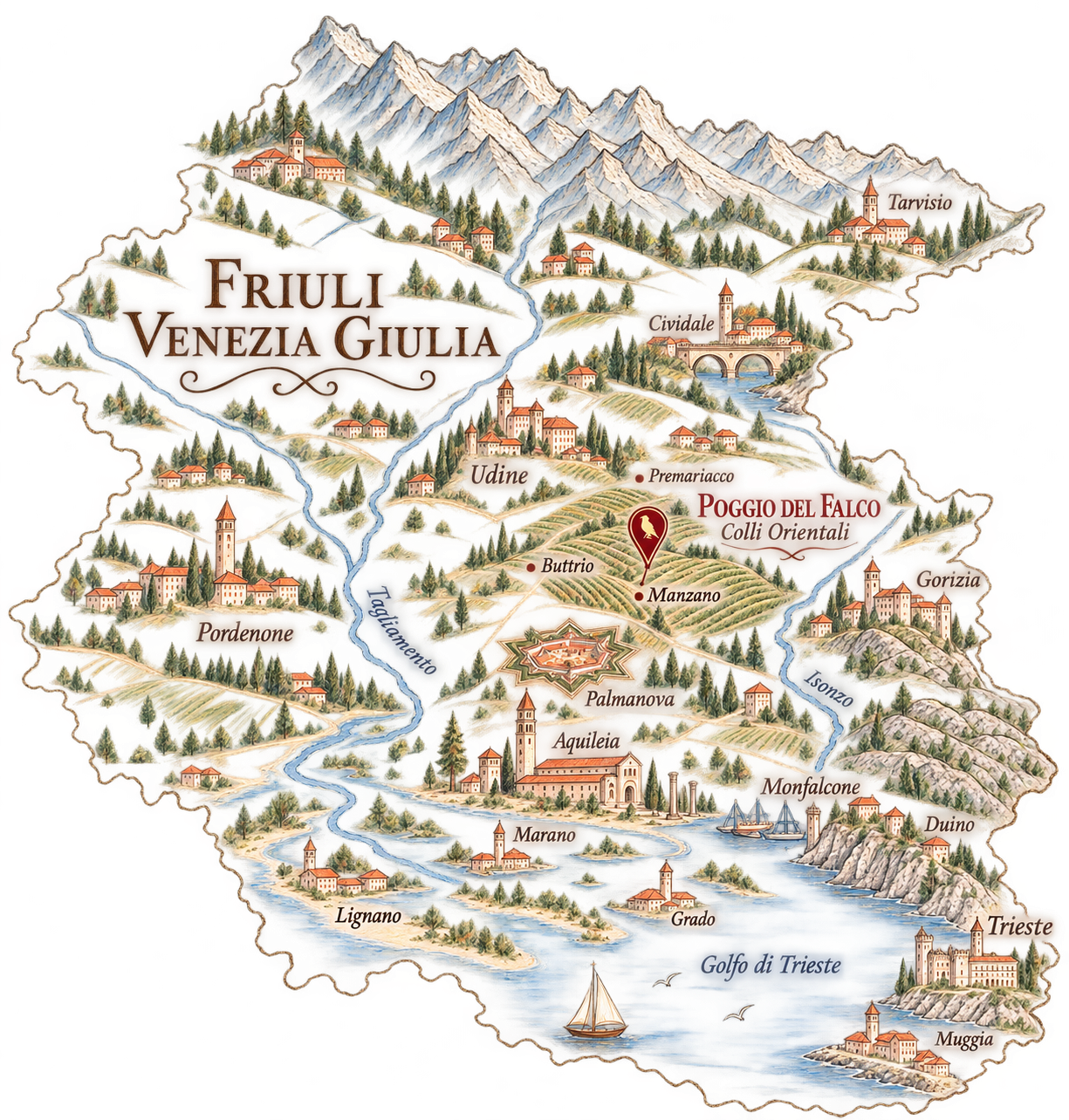 Mappa illustrata del Friuli Venezia Giulia in stile matita e pastello, con Poggio del Falco evidenziato nei Colli Orientali.
