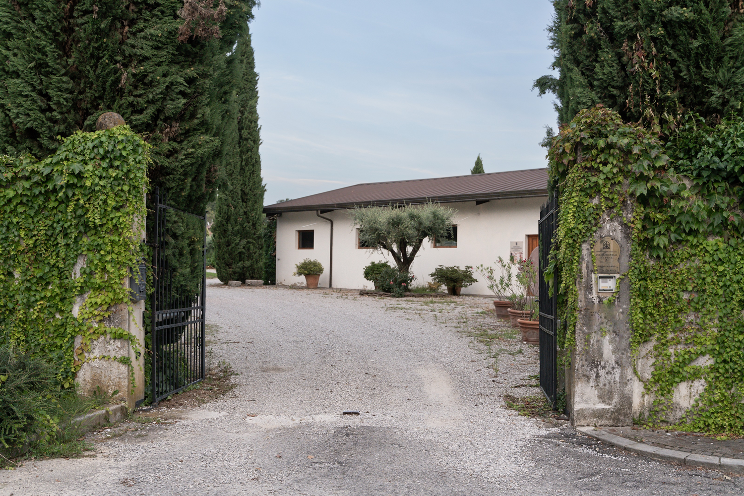 Ingresso della tenuta di Manzano: cancello aperto, cortile in ghiaia e edificio della cantina