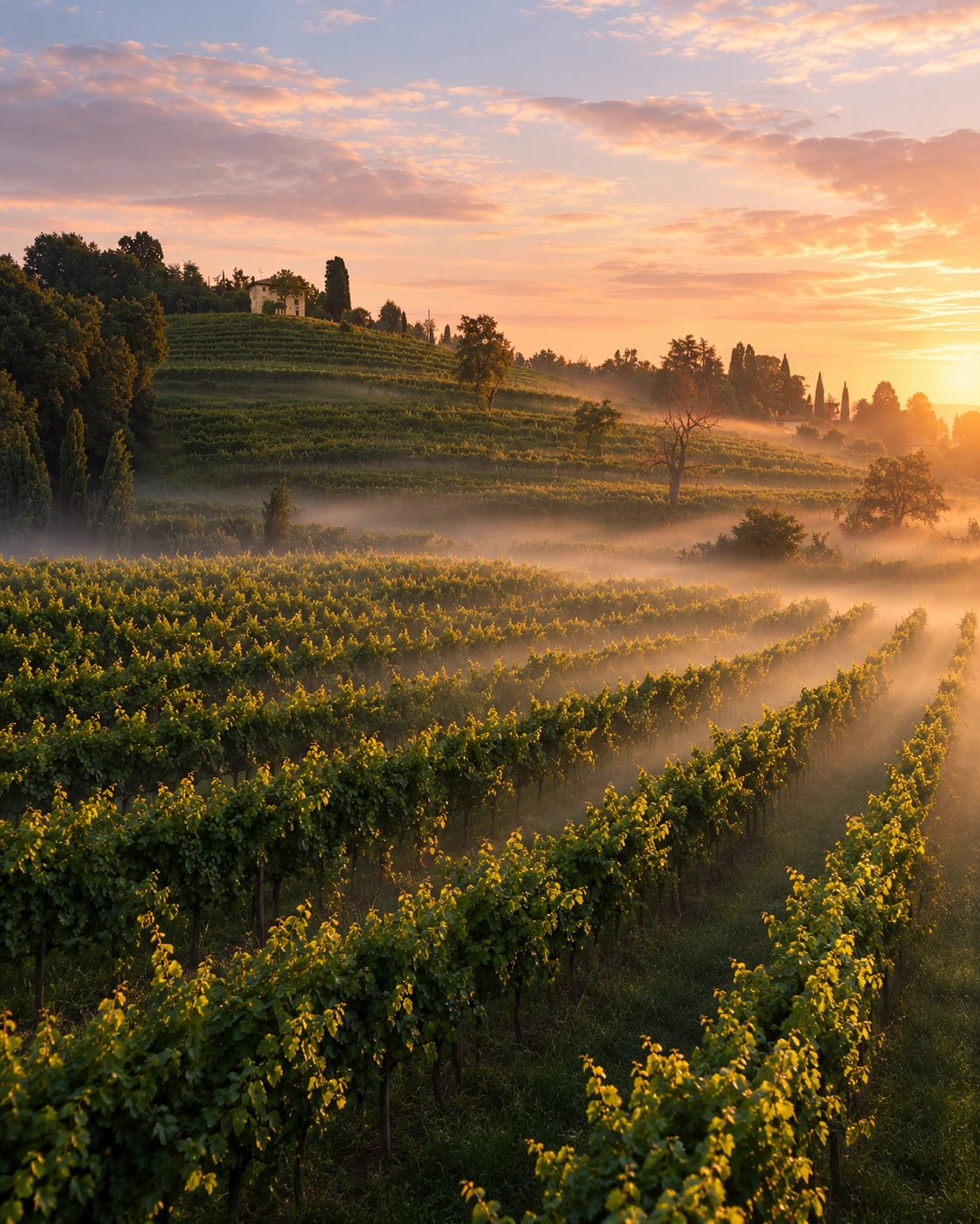 Interpretazione realizzata con IA: casa sulla collina all’alba, tra filari di vite e nebbia