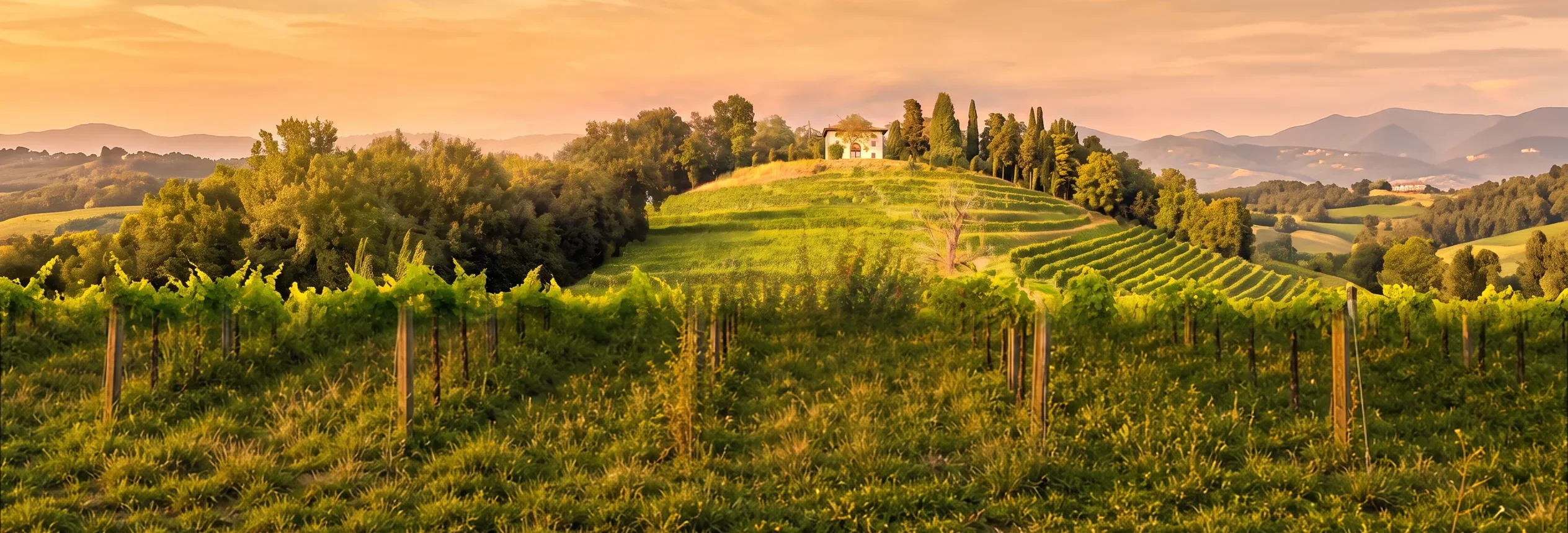 Vigneti sulle colline di Manzano, con la casa al centro nella luce del tramonto