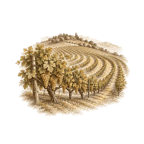 Interpretazione a incisione di filari di viti su una collina